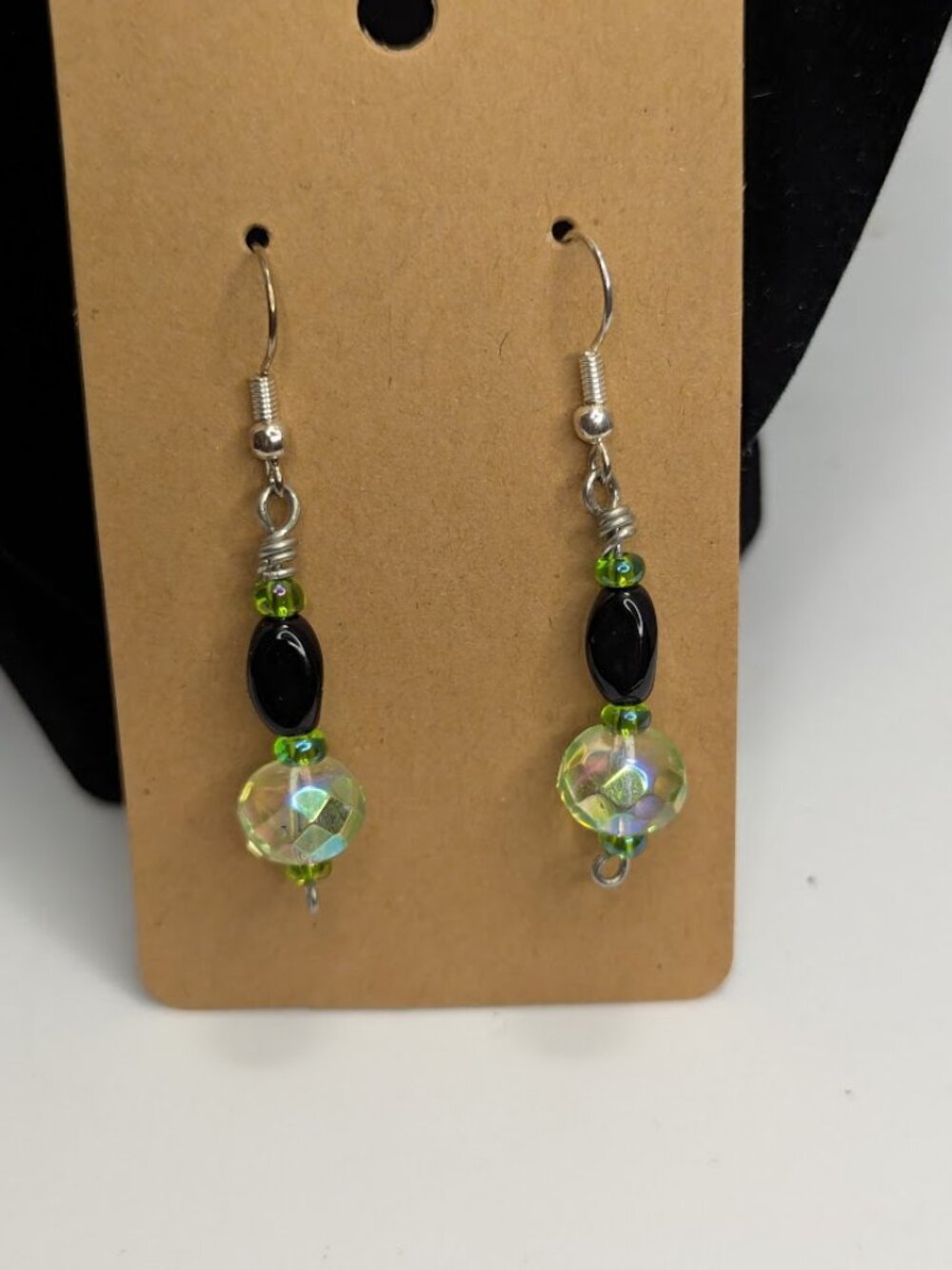 Green stone and black earrings Handmade